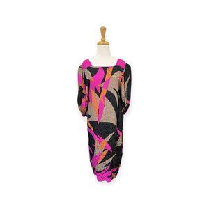 Vintage Flora Kung 100% Silk Abstract Printed Midi Dress Size 10